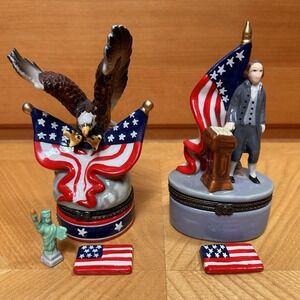 VTG USA American Flag Eagle Patriotic Porcelain Hinged Trinket Pill Boxes July 4